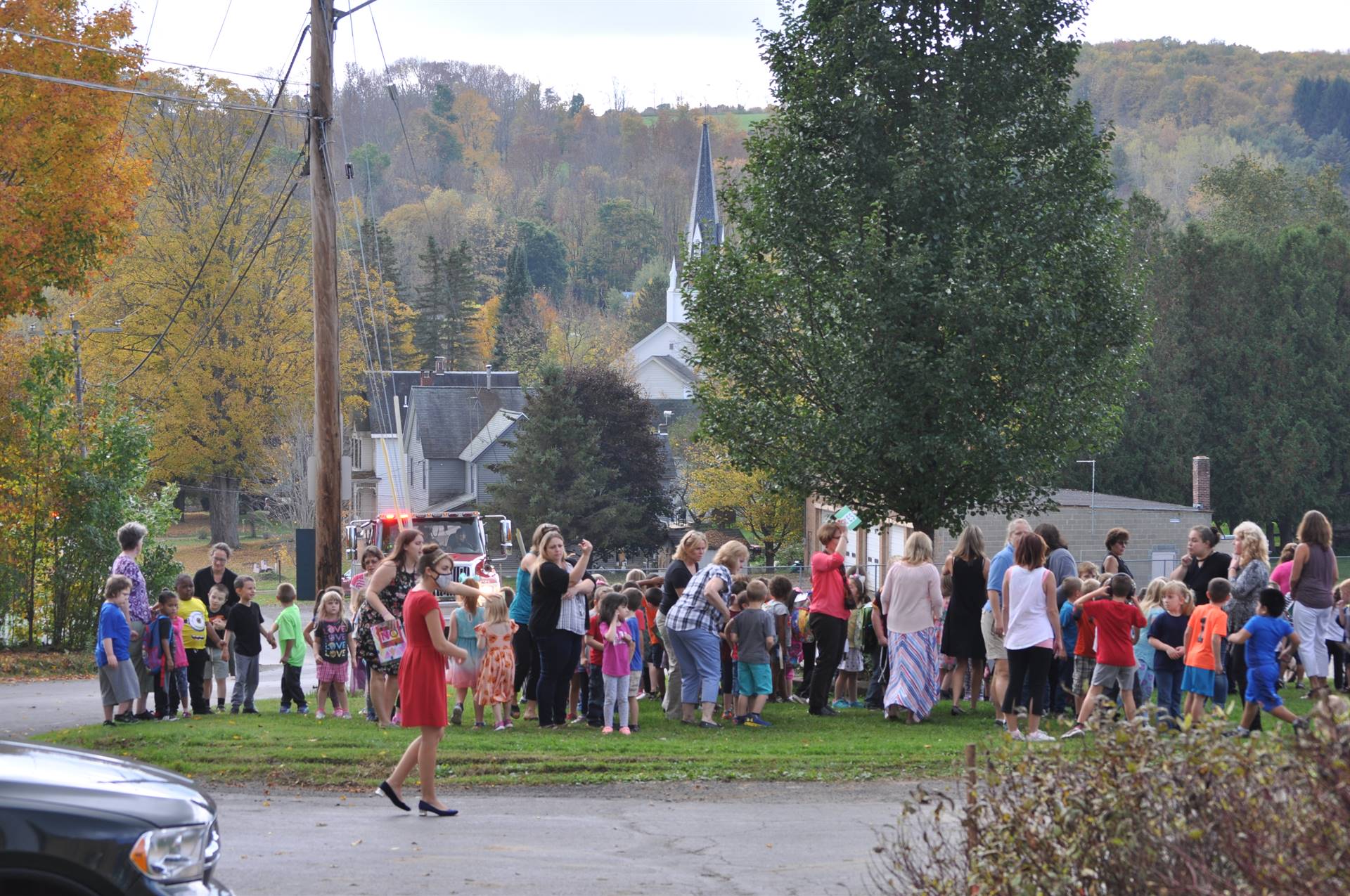 Fire safety week. Students and staff do a fire drill.