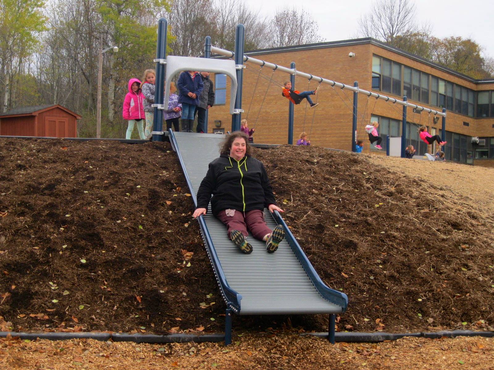 There is Mrs. Margadona on the roller slide for the 5th time!