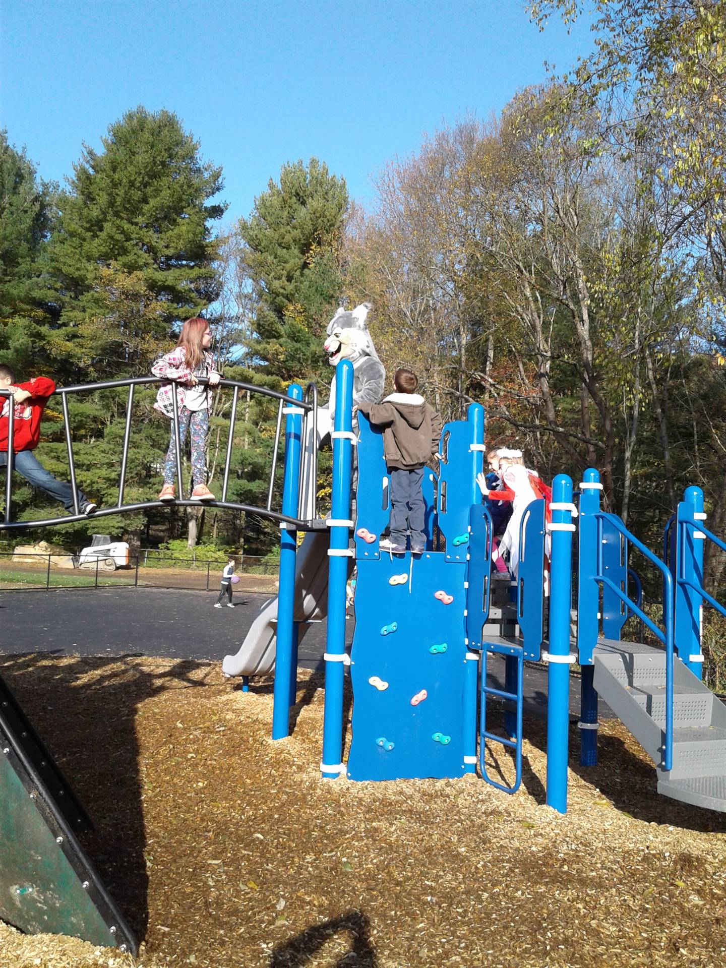 Felix the Bobcat with students on the playground