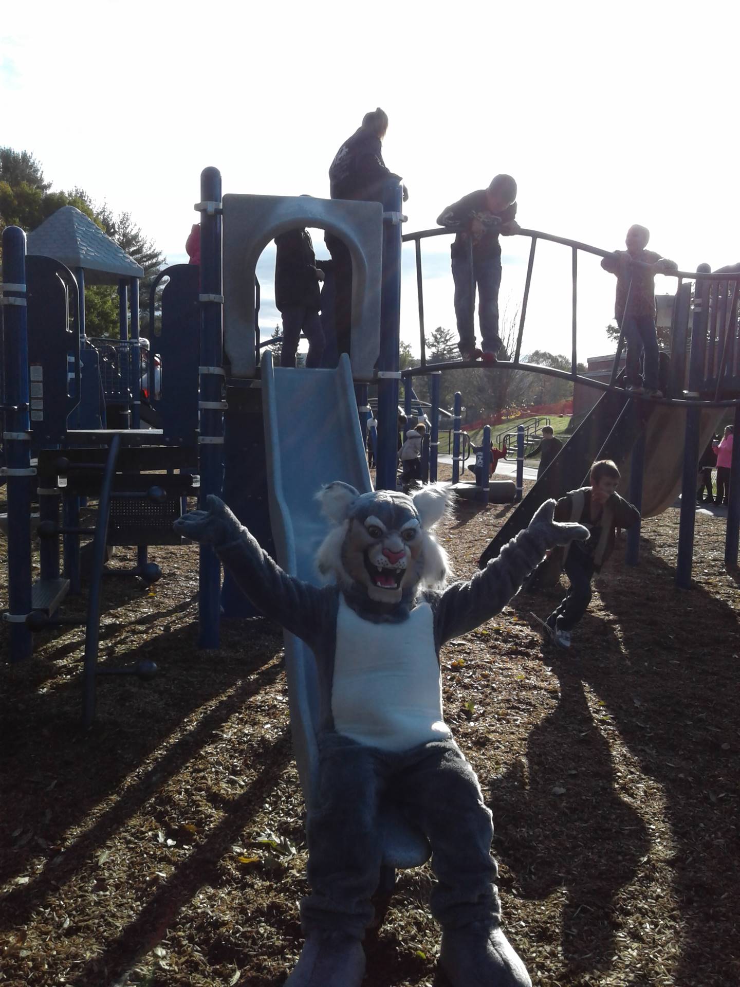 Felix the Bobcat with students on the playground