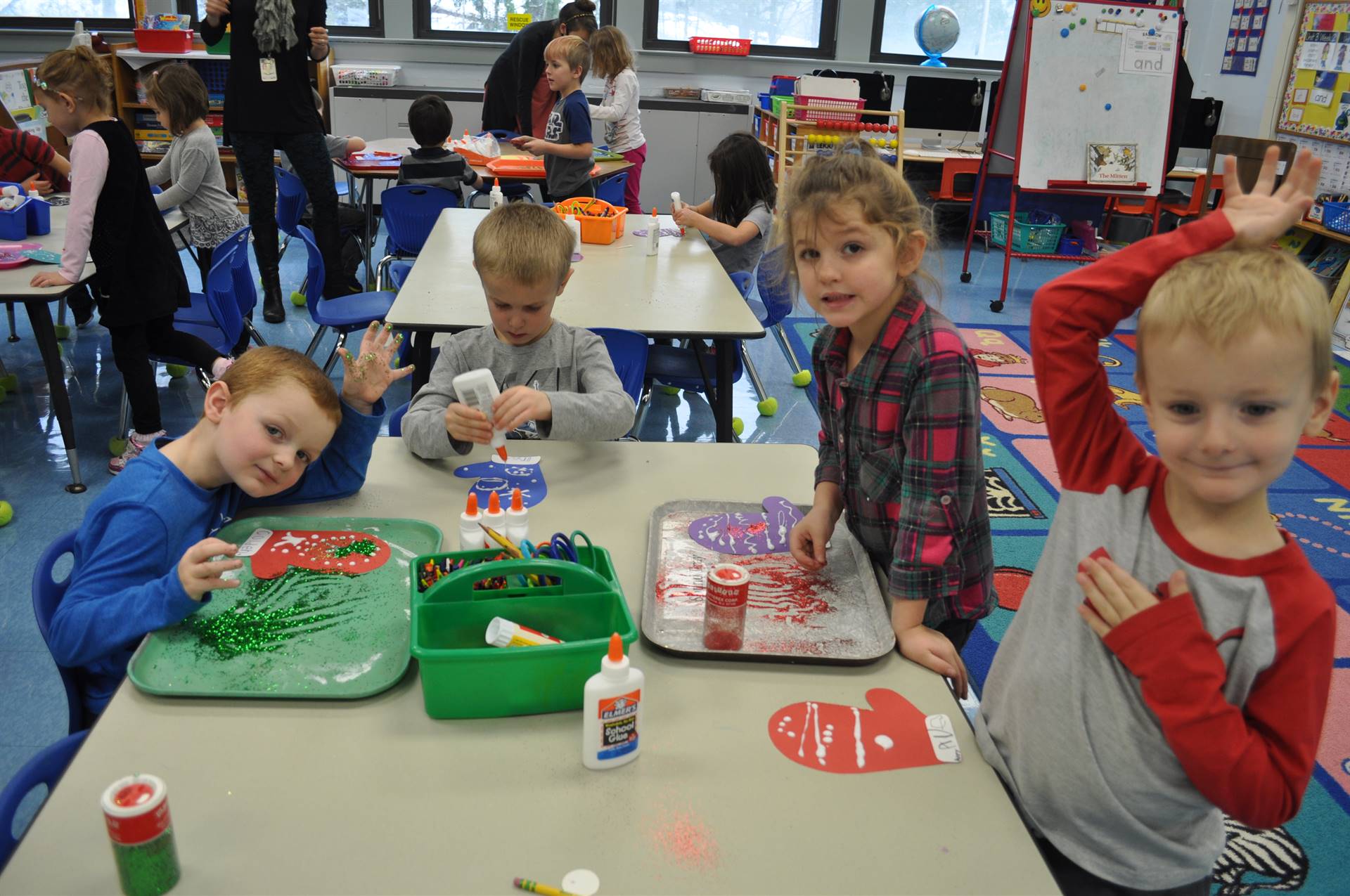 Students work together at a table.