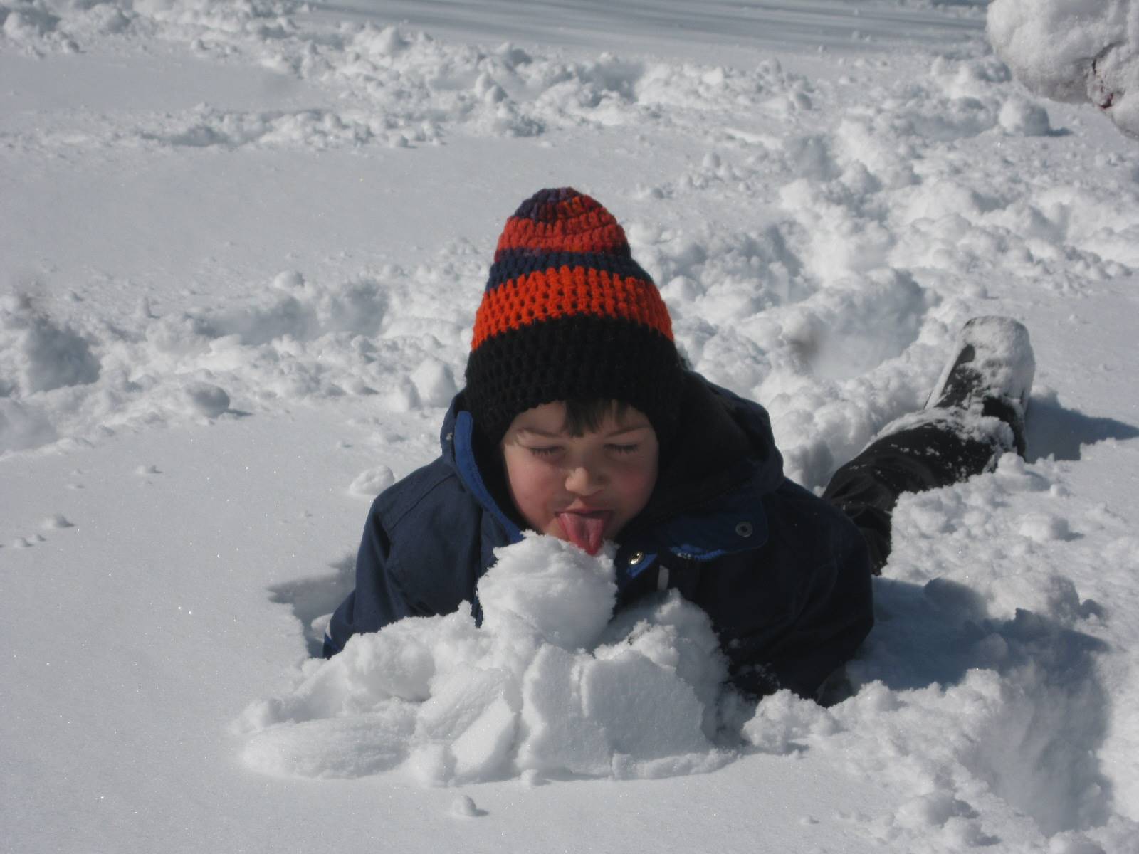 Child is licking snow.