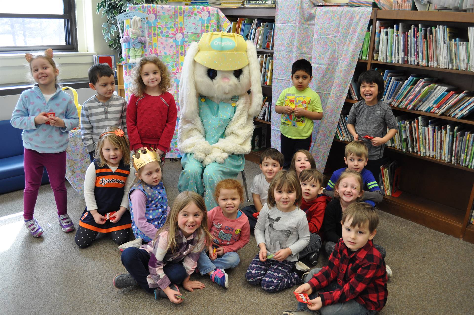 Pre K students with Easter Bunny.
