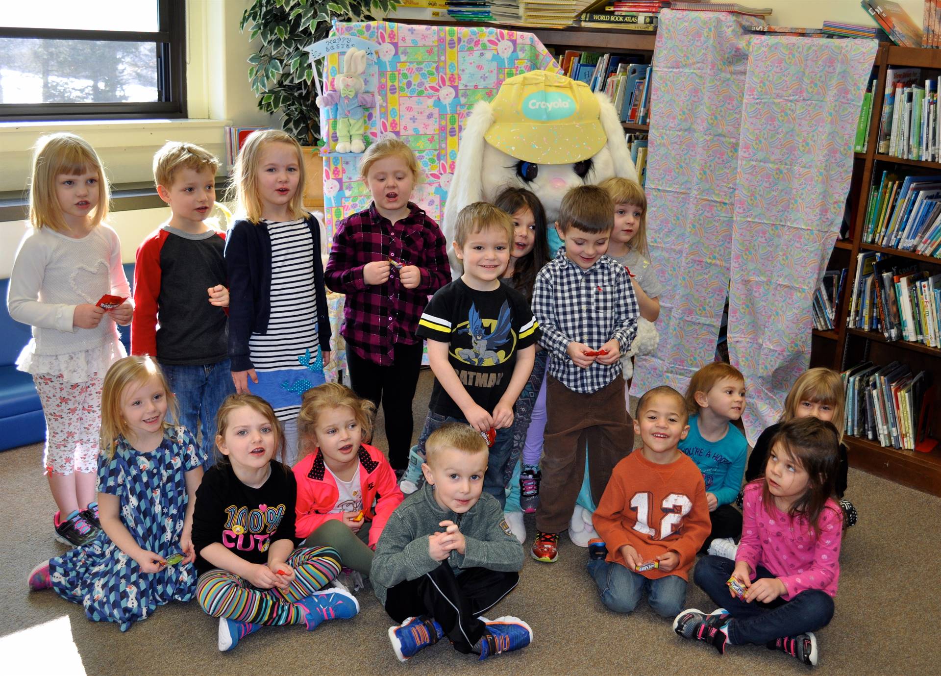 Pre-k students with Easter Bunny.