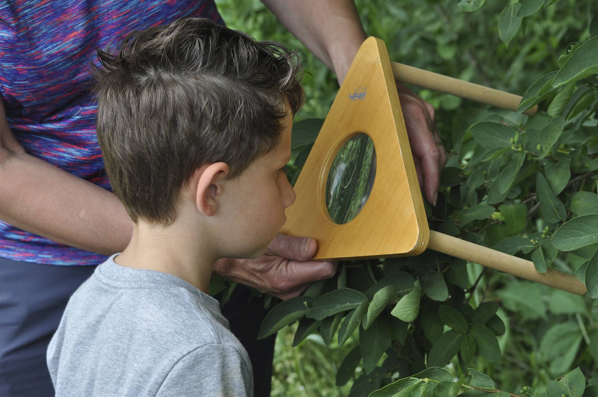 A student looks through a magnifying glass.