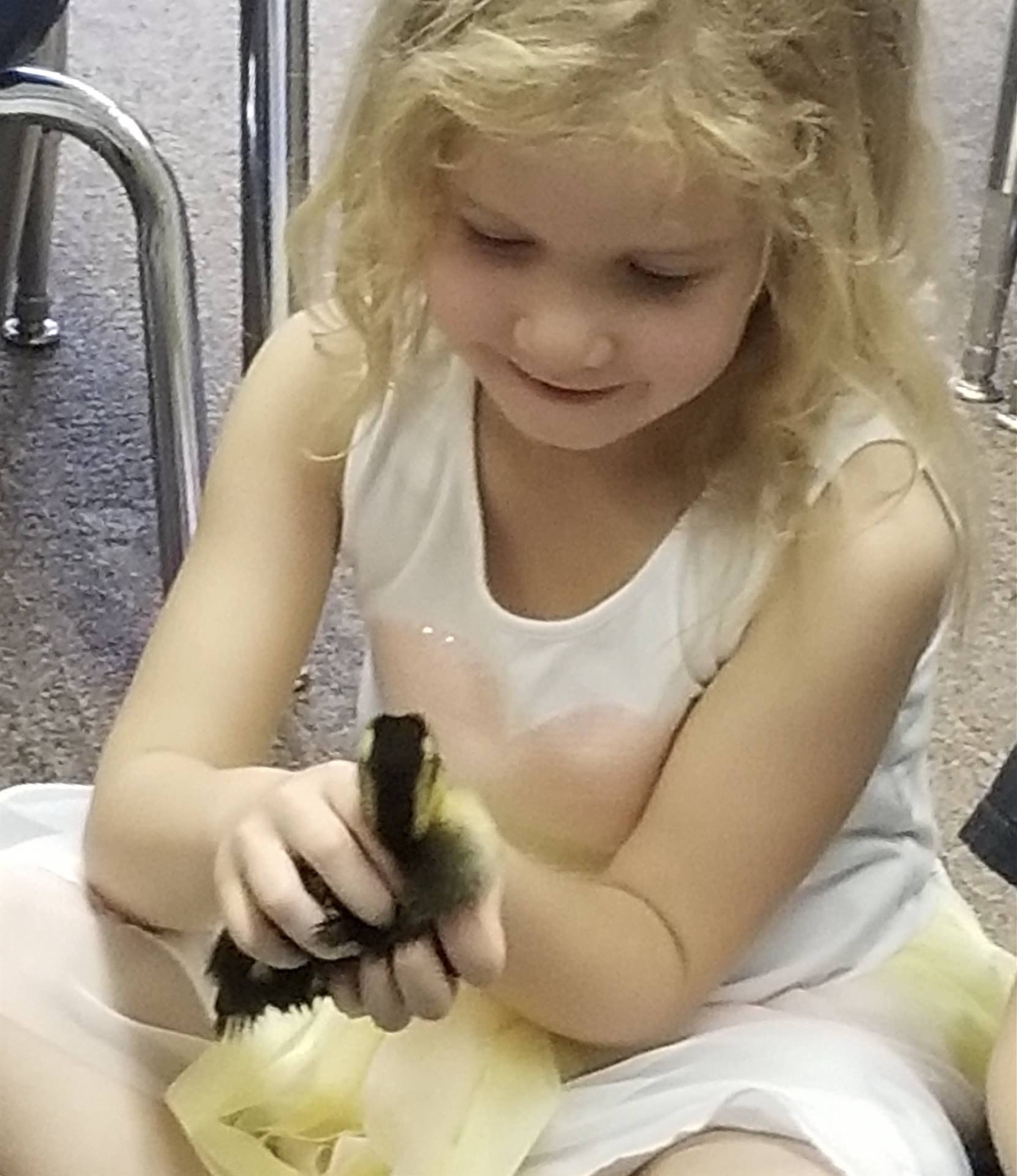 first grader holds a duckling.