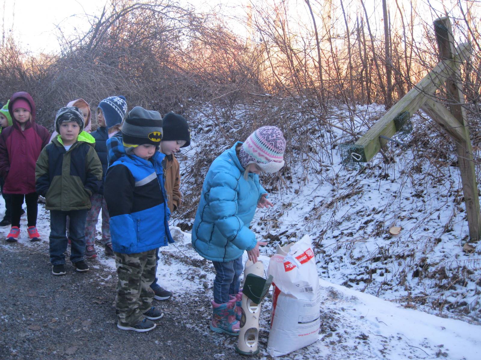 Students take turns feeding birds.