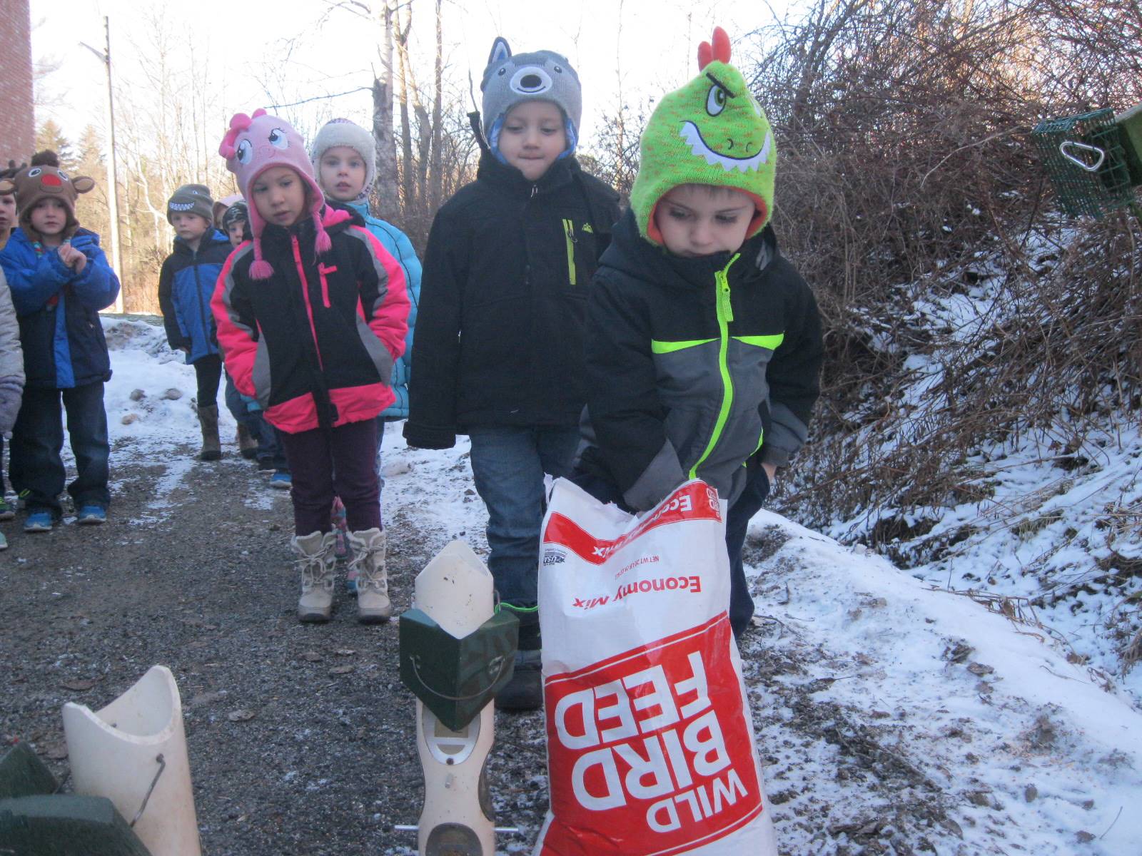 Students take turns feeding birds.