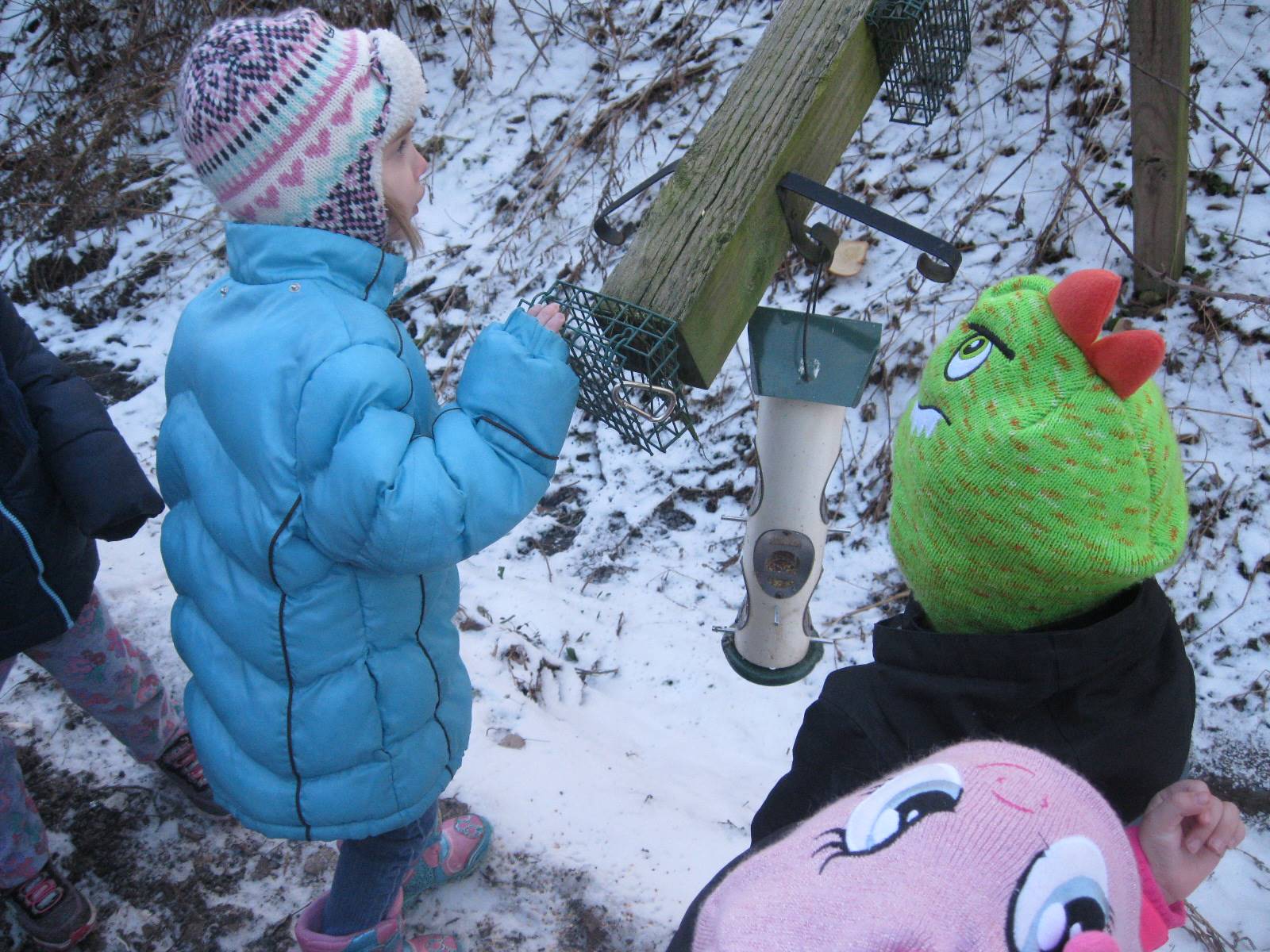 2 students fill up a bird feeder!