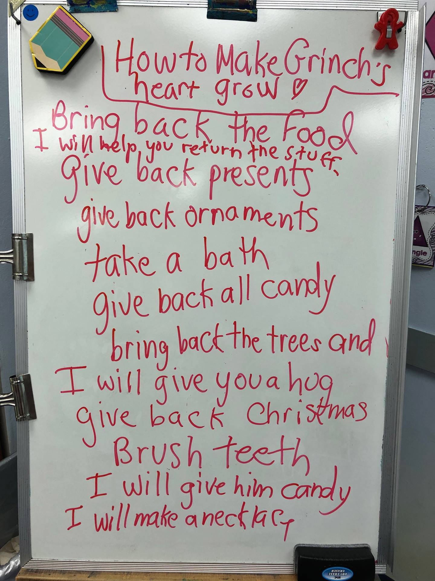 A paper with a list of ways to make the Grinch grin.