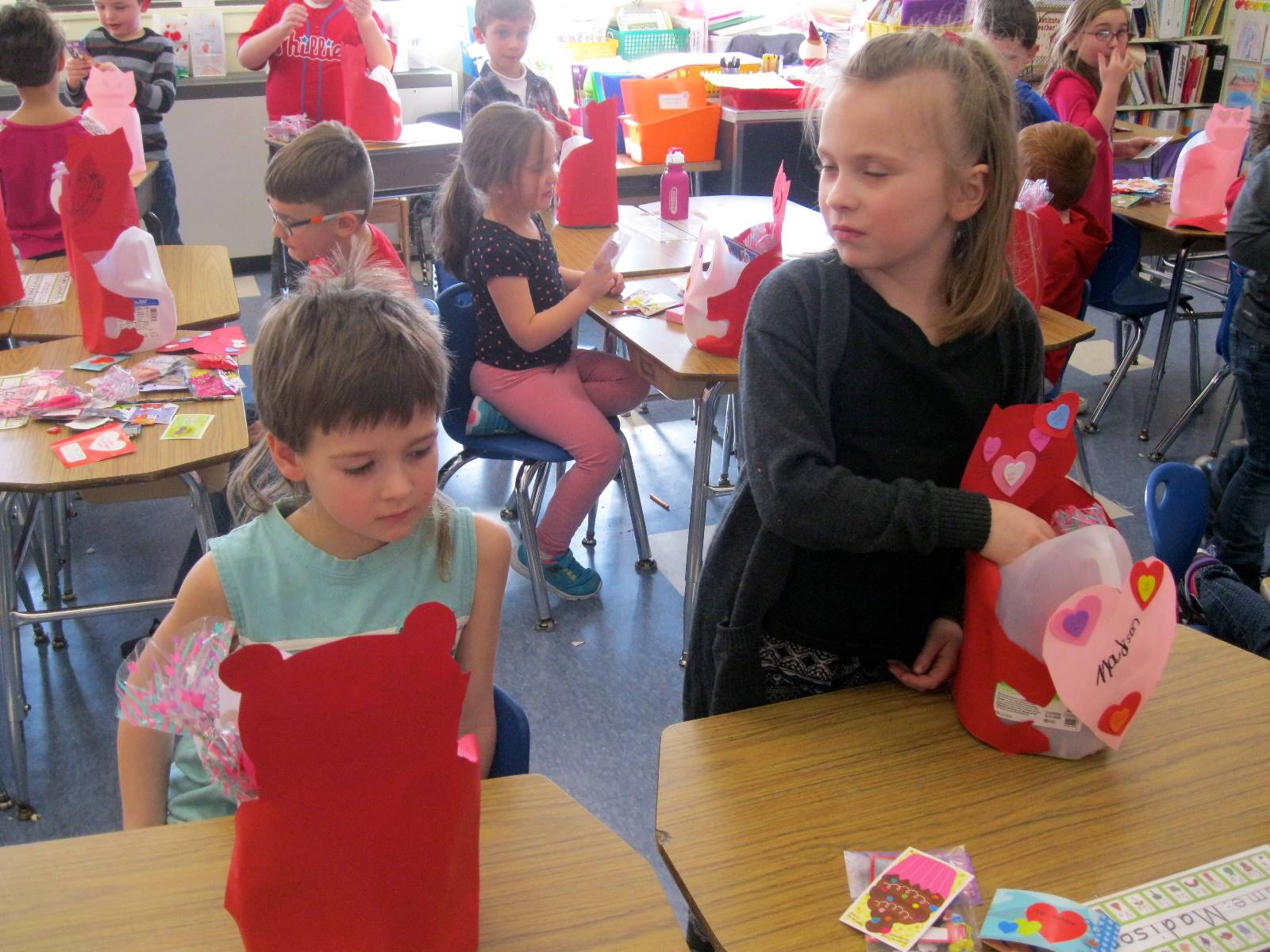 2 students look at valentine's.