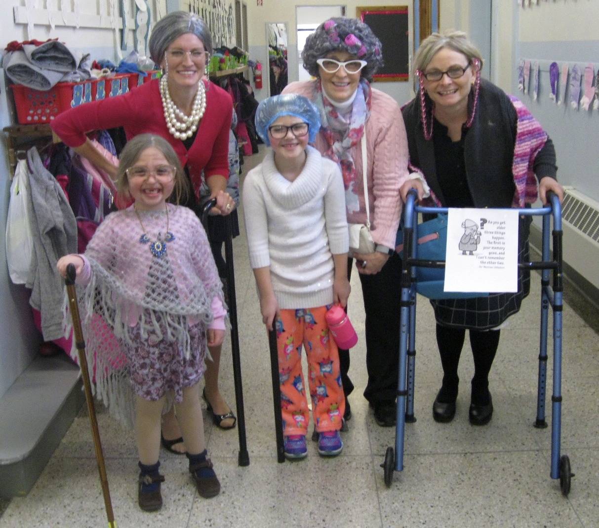 3 teachers and 2 students dressed up as 100 yrs. old.