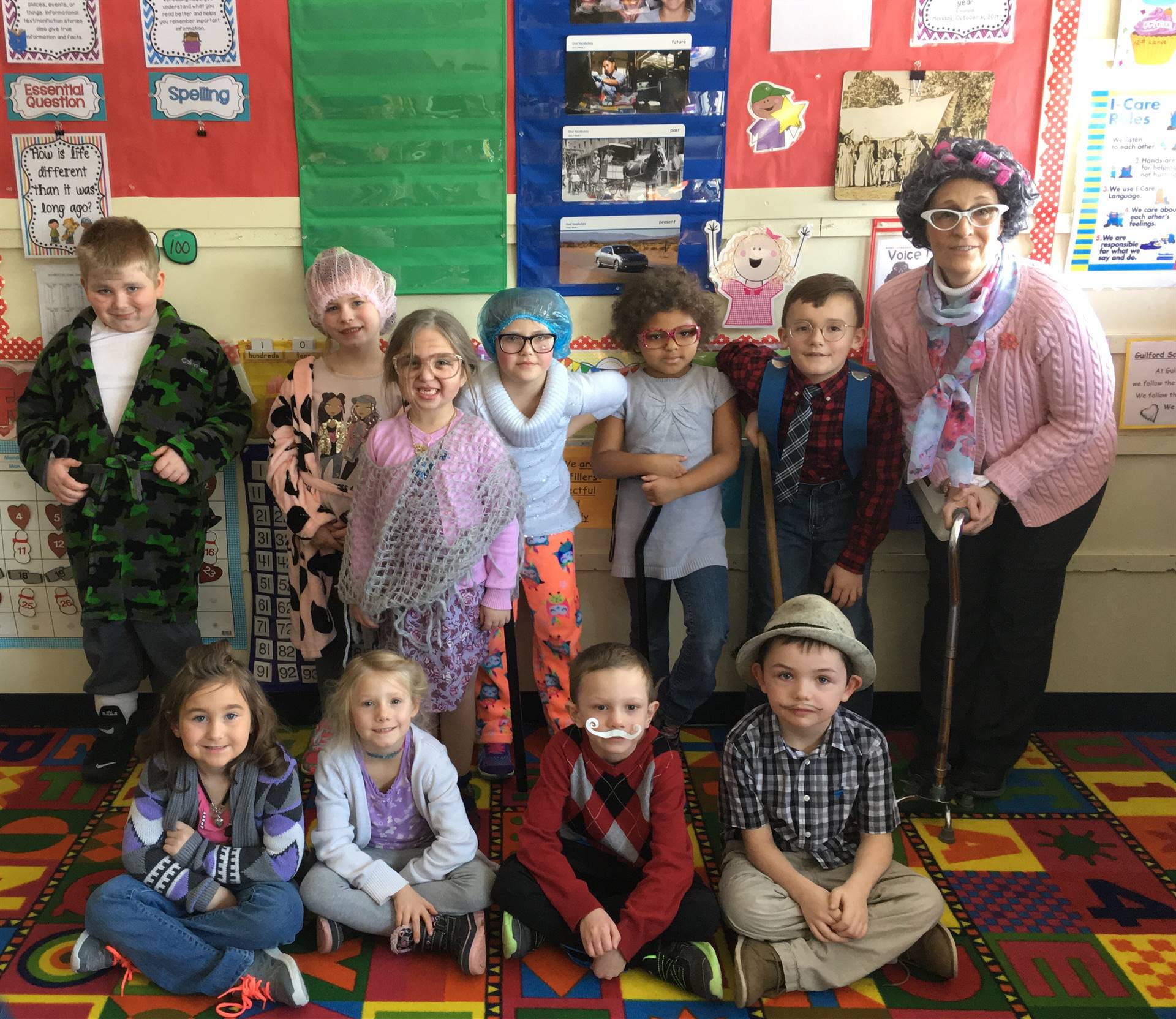 A first grade class dressed as 100 years old.