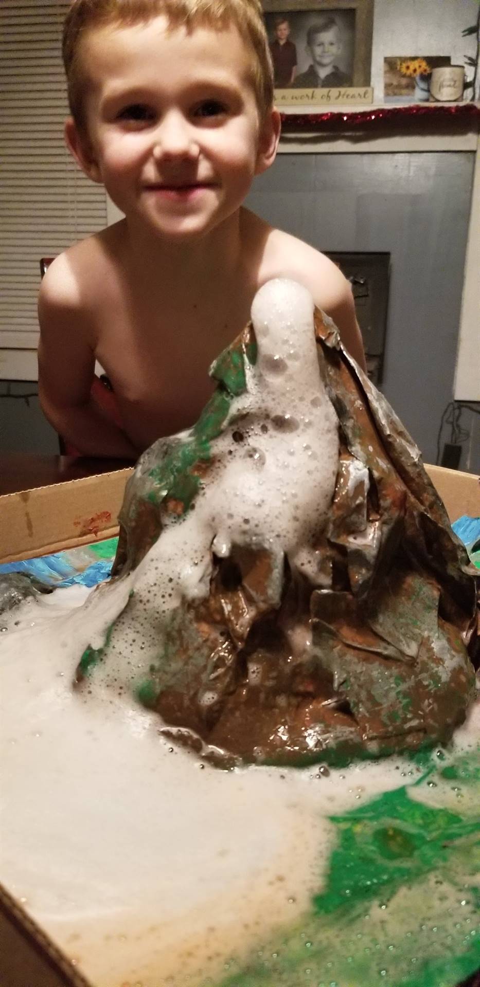 A child with a volcano project.