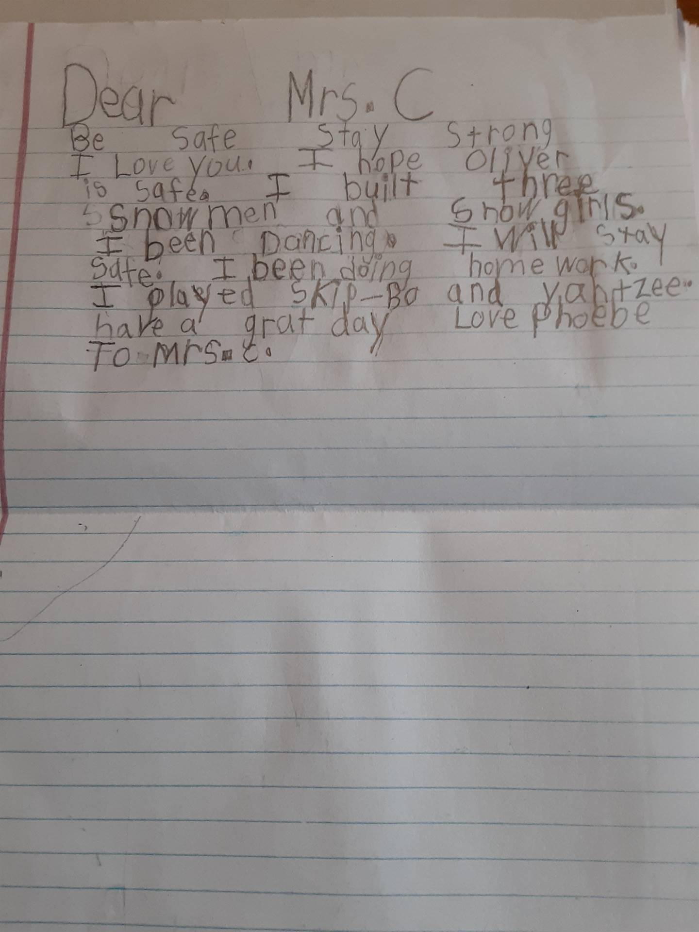 A letter from a child to her teacher.
