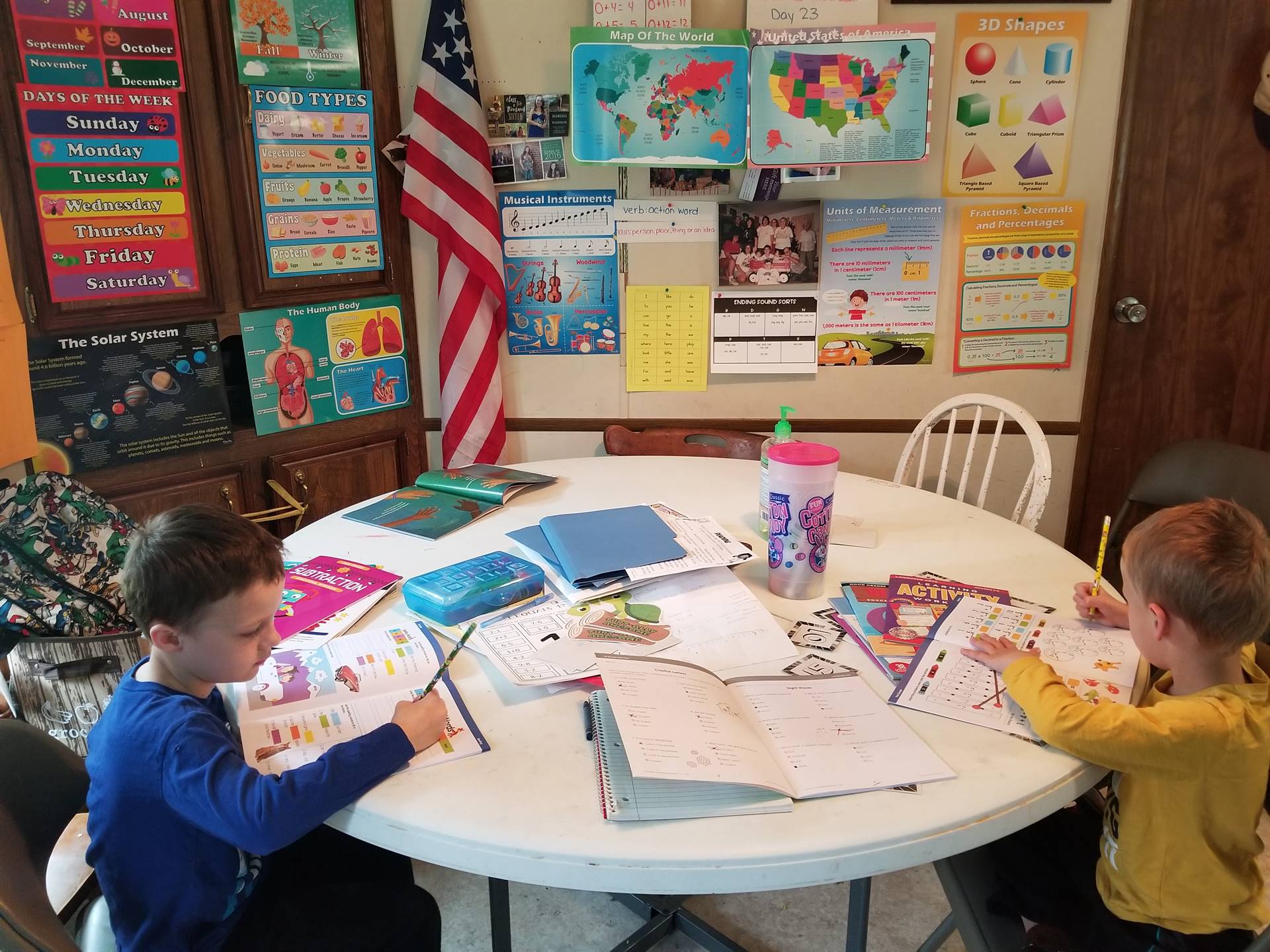 2 boys working at a table.