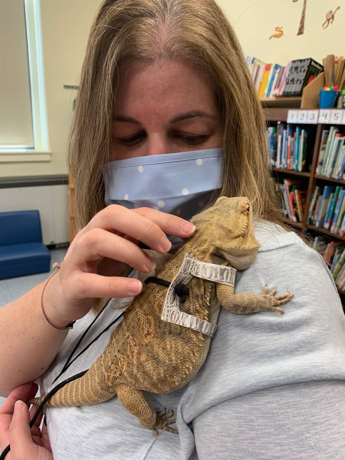 a teacher holds a reptile