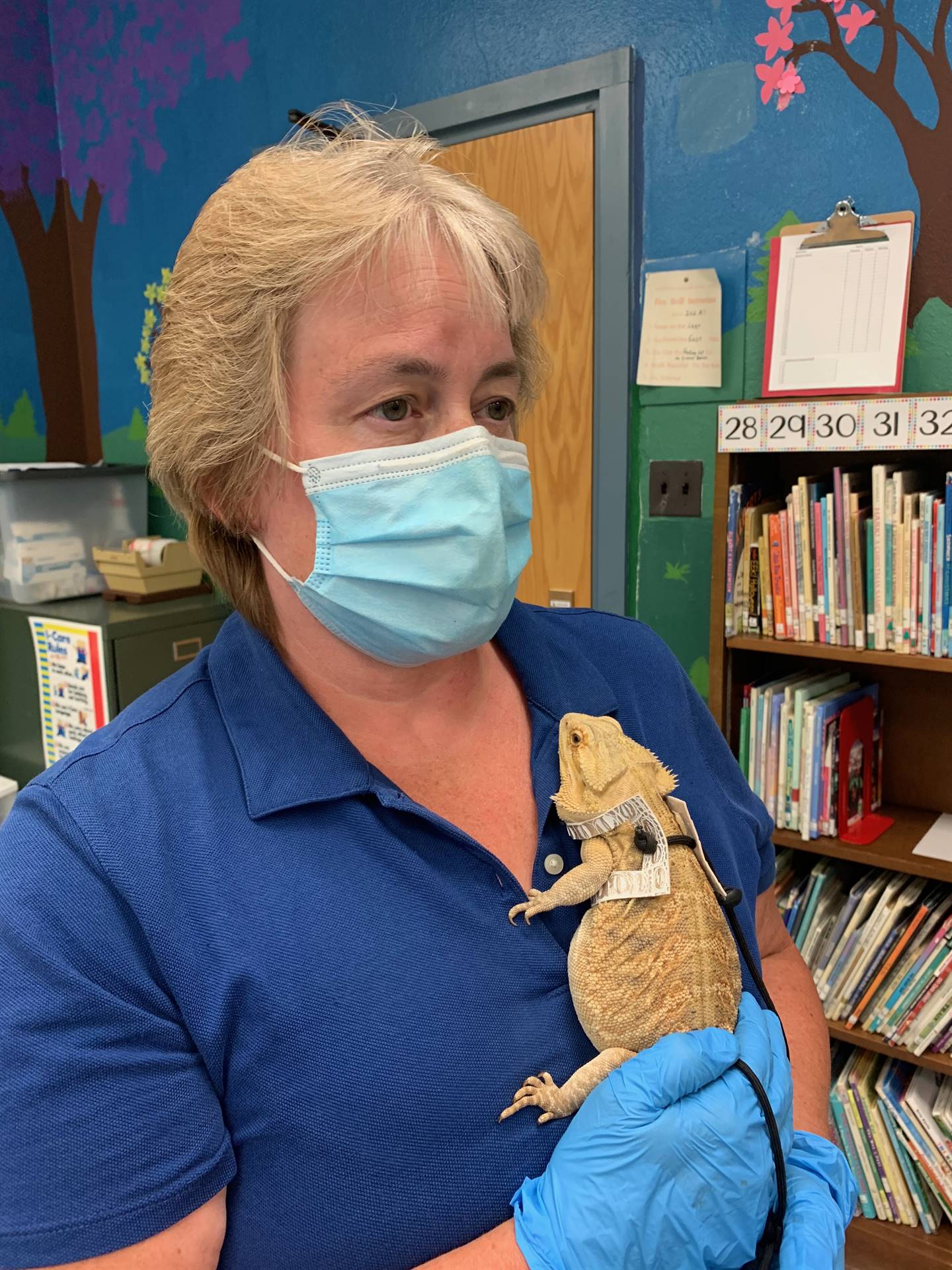 a teacher holds a reptile