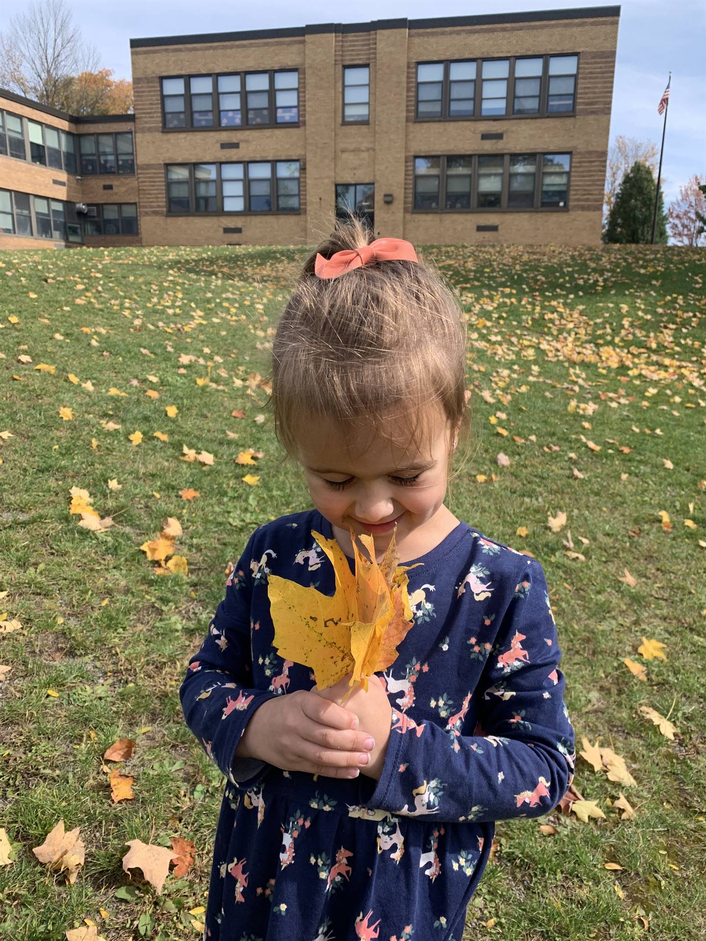 A girl holds yellow leaves with school in background