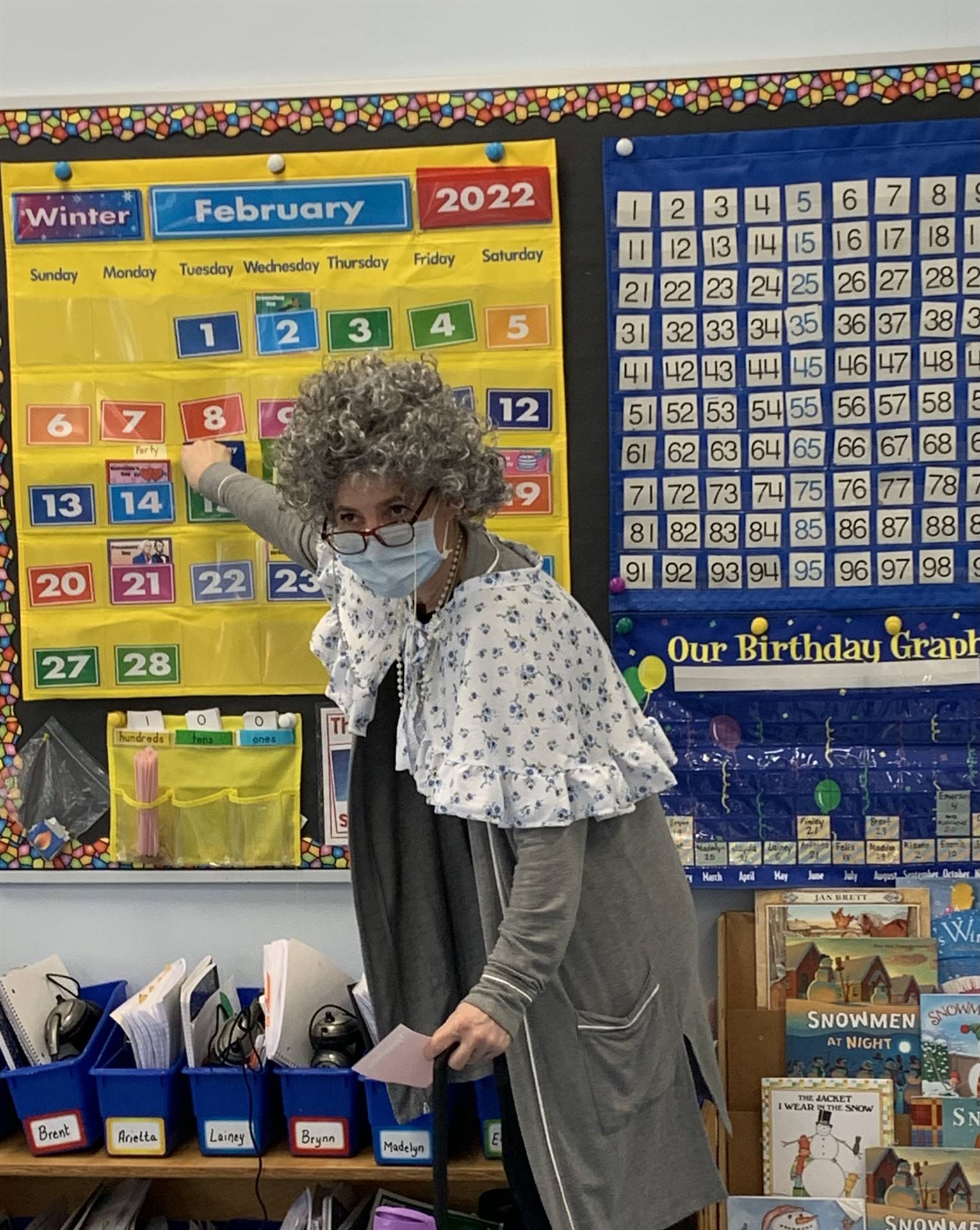 teacher dressed as 100 years old.