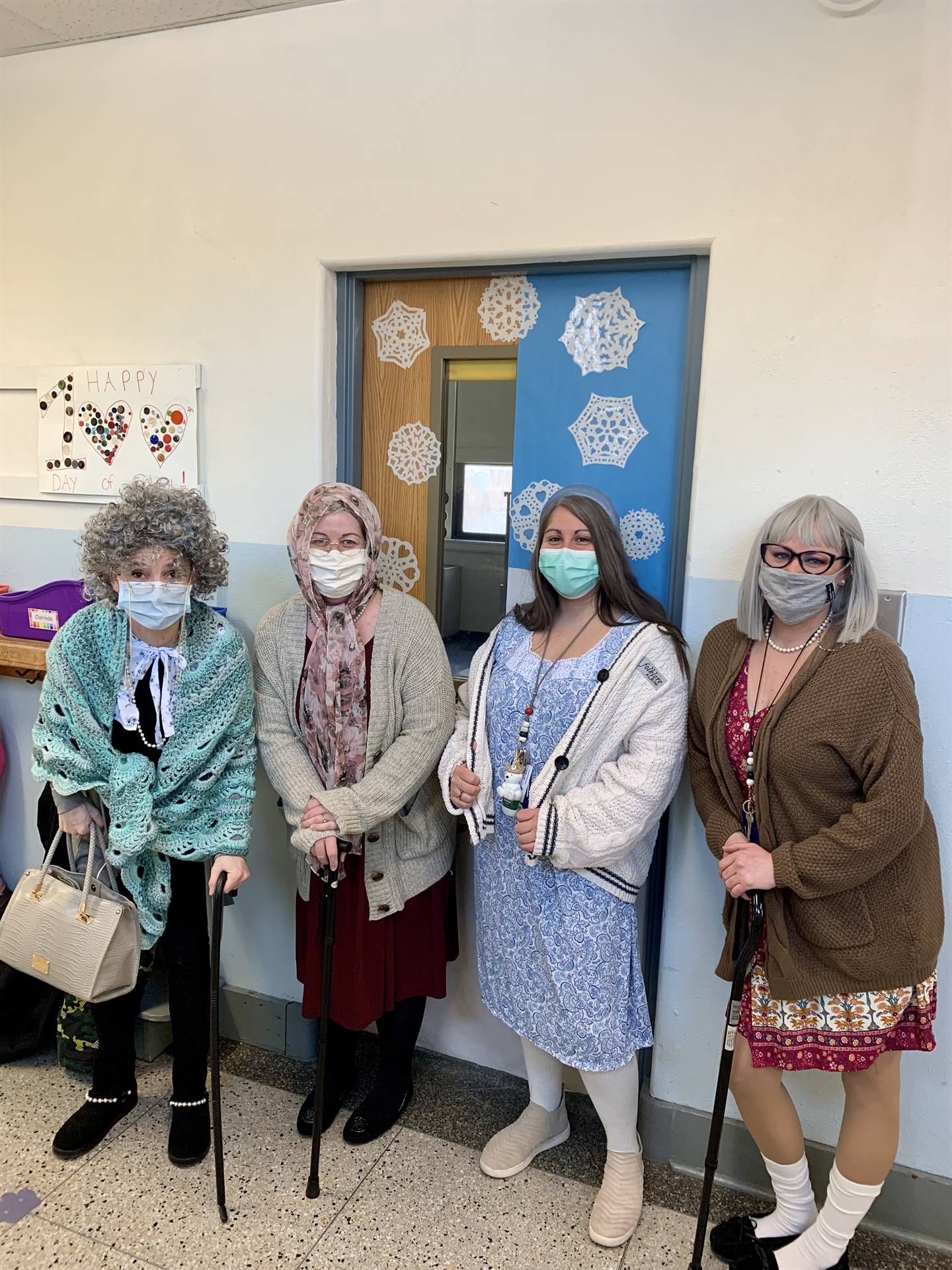 4 teachers dressed as 100 year olds.