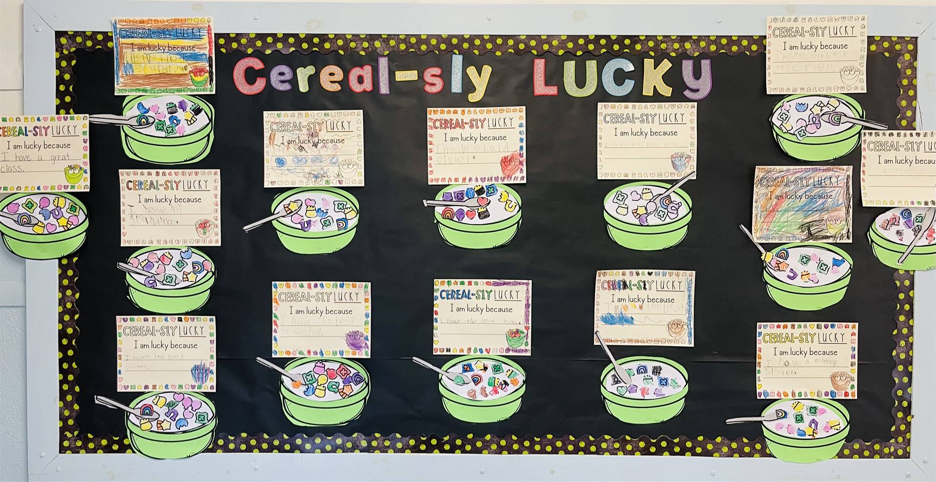 a bulletin board with bowl of cereal with letters that says "cereal-sly lucky"