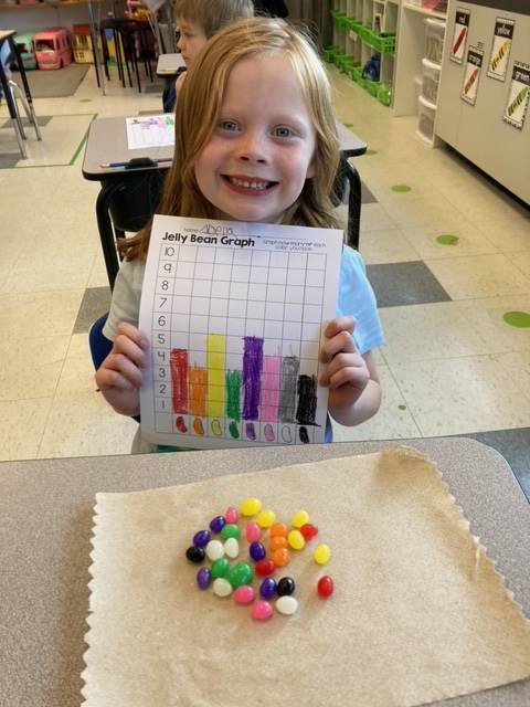 A student with a paper graph and jelly beans