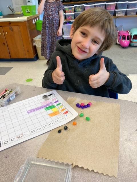 A student giving a thumbs up with a paper graph and jelly beans
