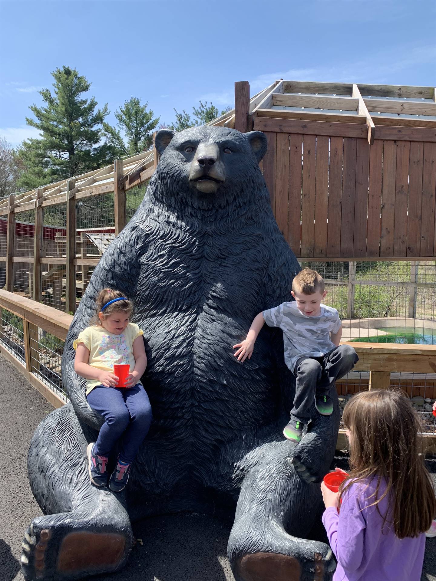students sitting on a giant bear statue