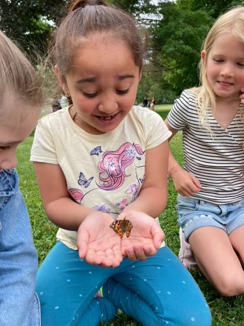 student holds painted lady butterfly