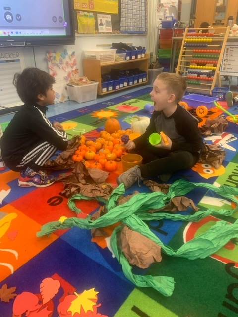 2 students play together in a pumpkin center.