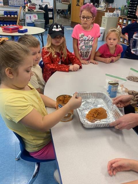 students dumping ingredients for pumpkin cake