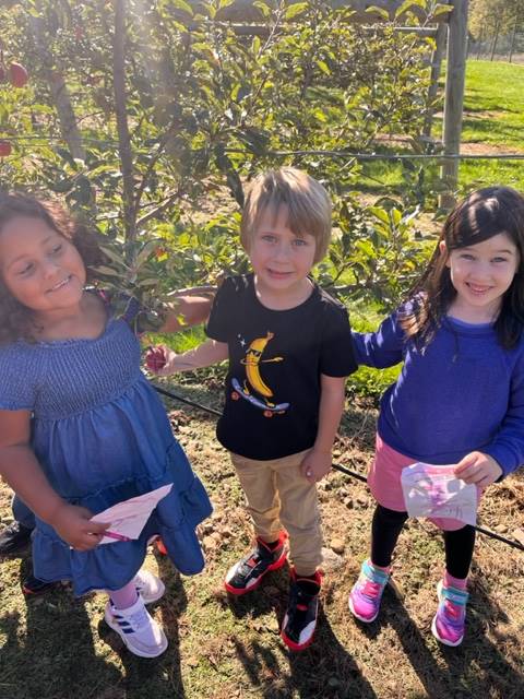3 kids in an apple orchard.