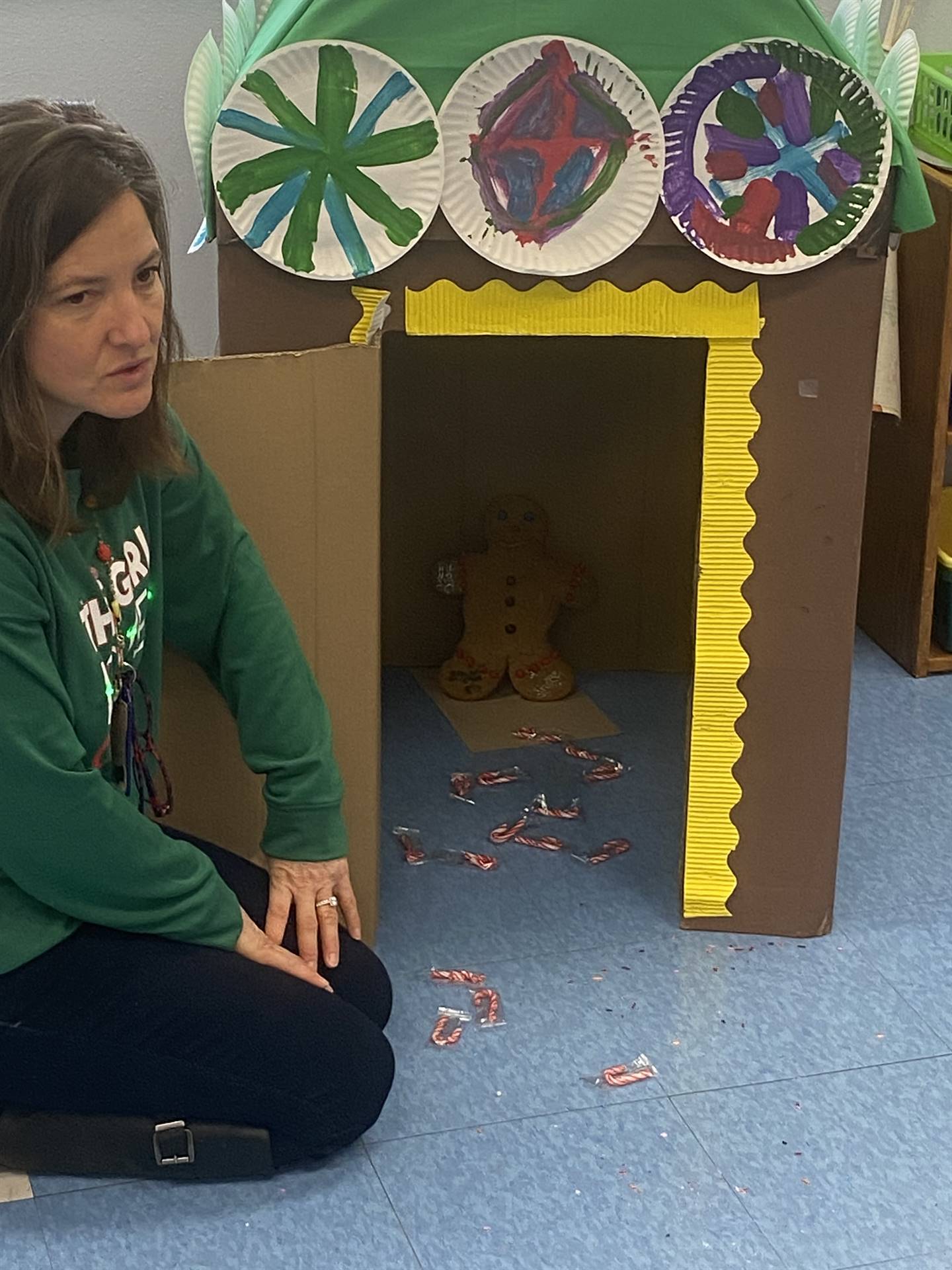 Caught! The door is open to the gingerbread house and the gingerbread man is in!