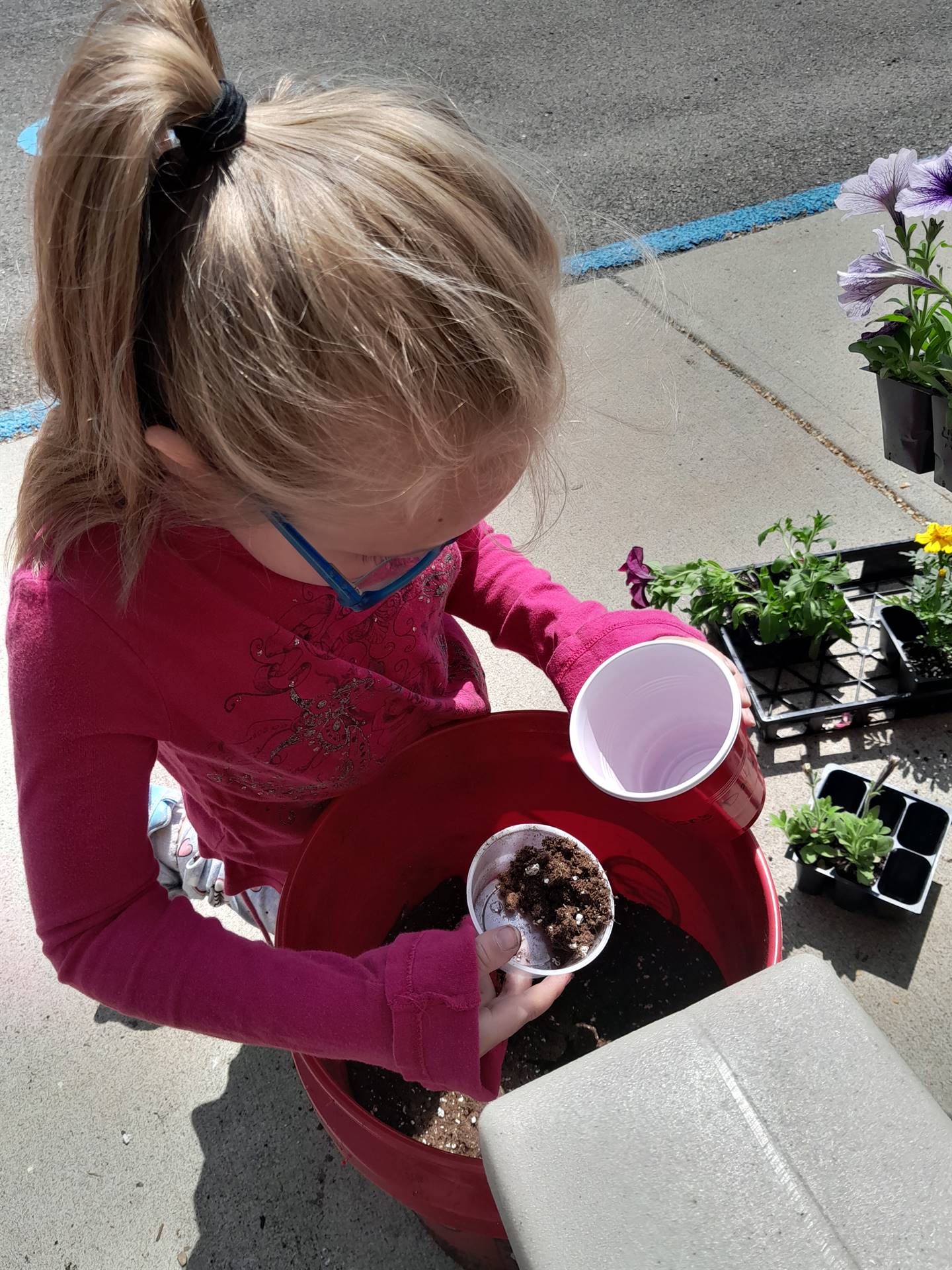 a student scoops soil from a bucket