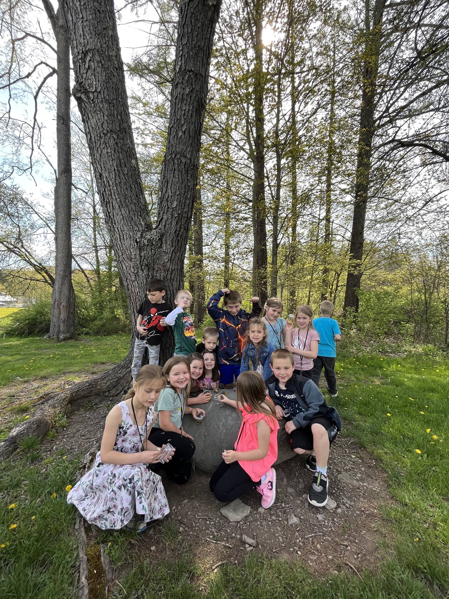 a group of students on a rock with their nature jars