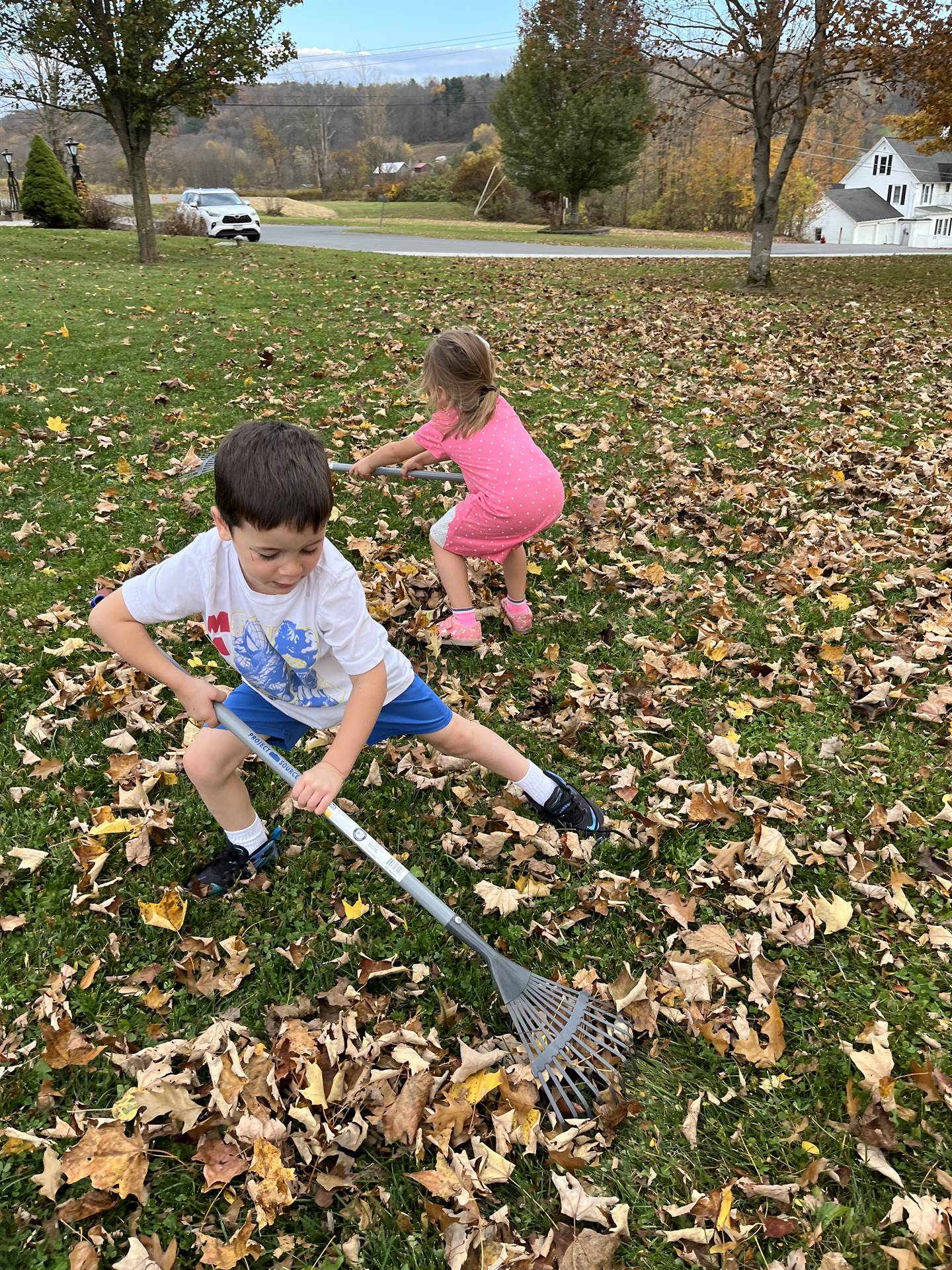 student raking leaves