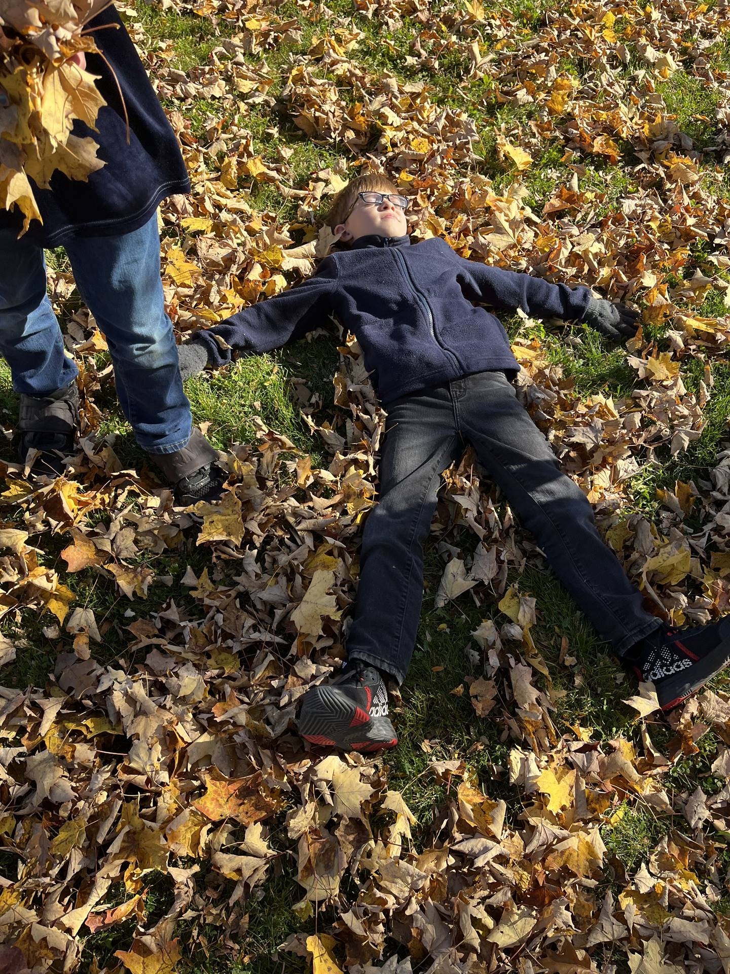 a kid laying on ground in the leaves