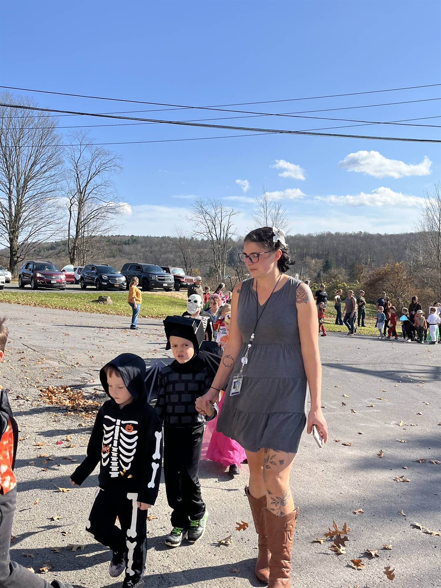 students marching in halloween parade outdoors!
