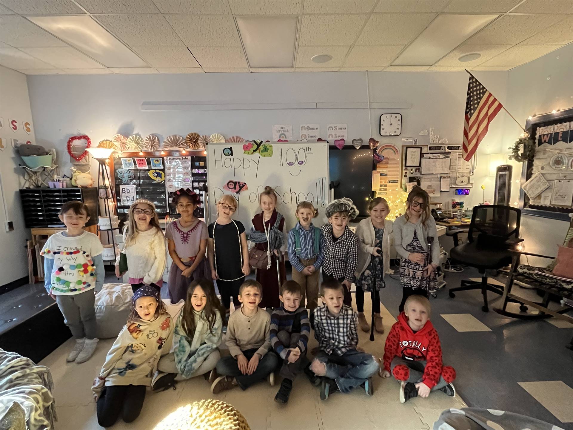 a class of students dressed as 100 y/o.