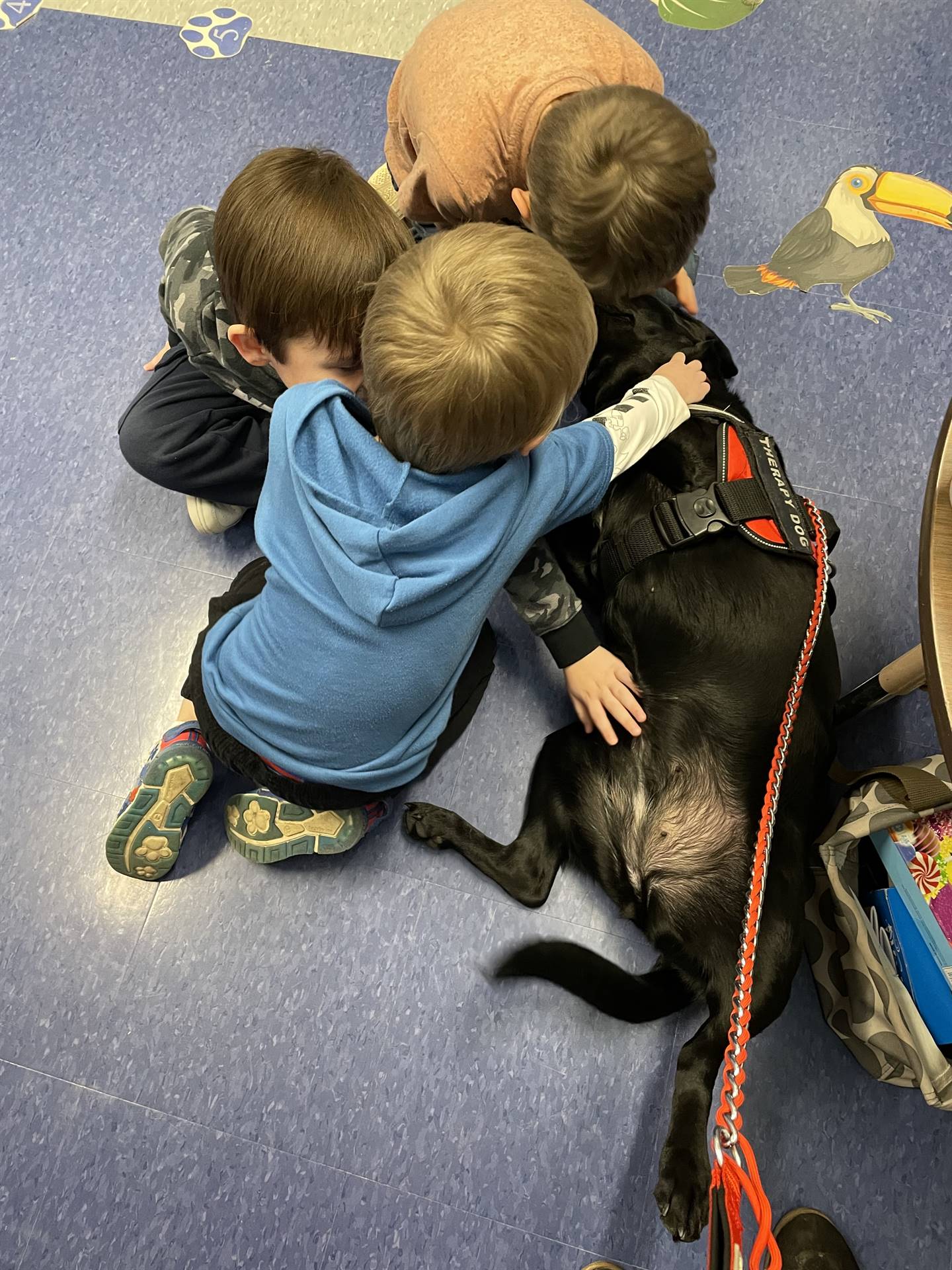 3 kids surround a black dog with pets and hugs