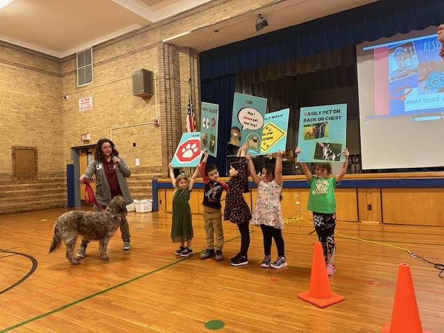 A group of students hold up signs about being safe with animals