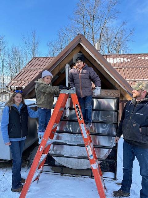 students with adults on a ladder to look into a maple syrup sap collecting bin.