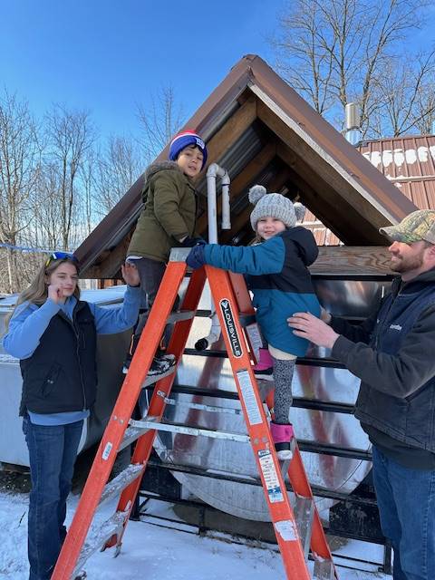 students with adults on a ladder to look into a maple syrup sap collecting bin.