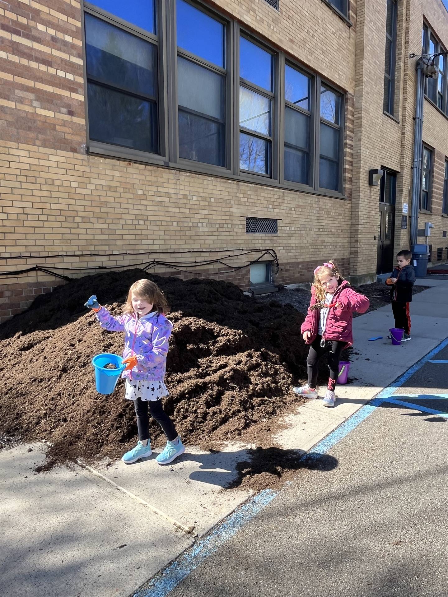 students using shovels and pails in the pile of mulch.