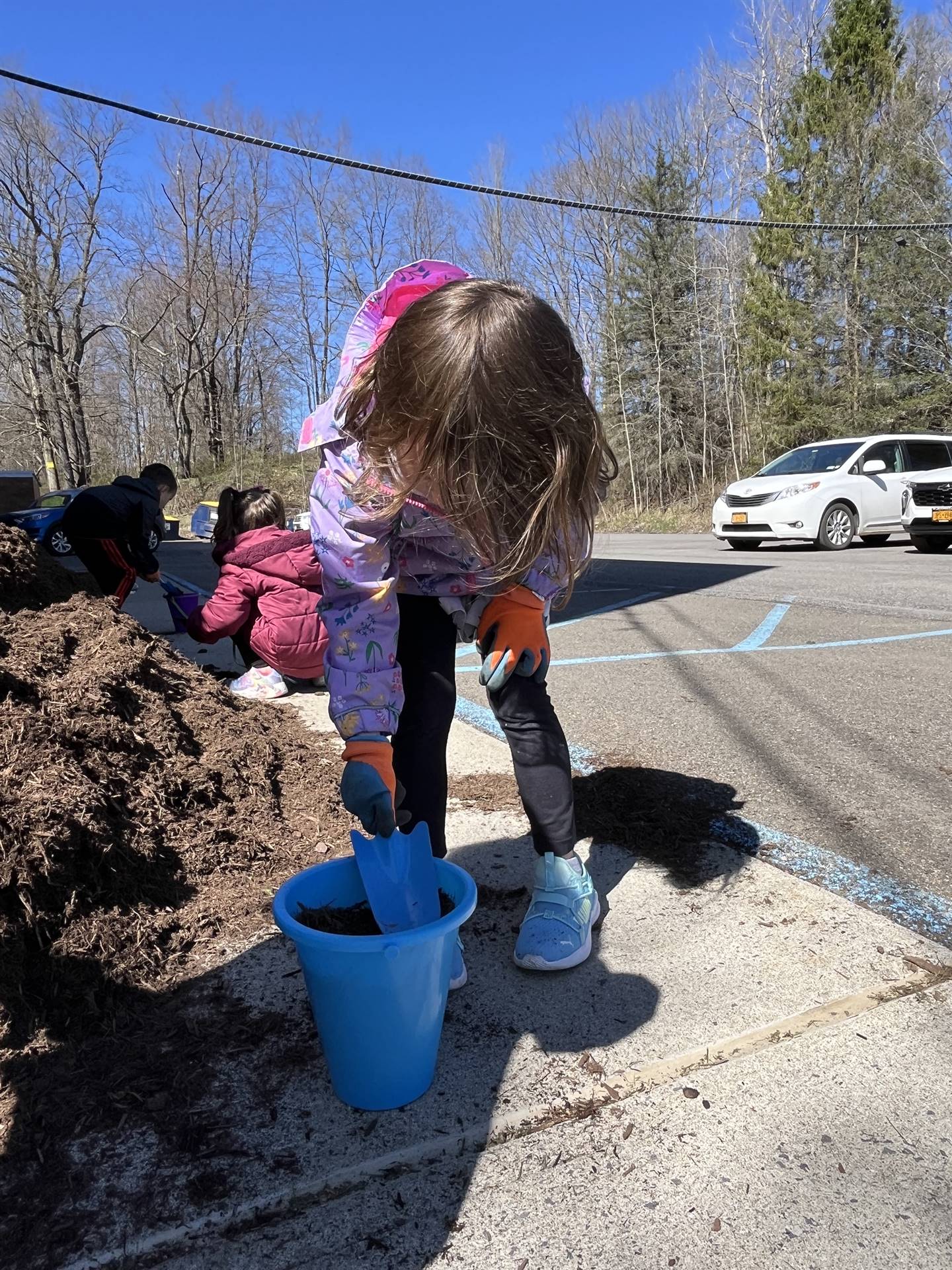 a student shovels mulch in a blue pail.