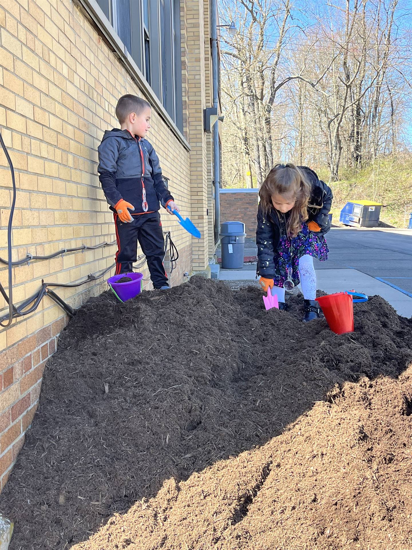 students on top of a pile of mulch