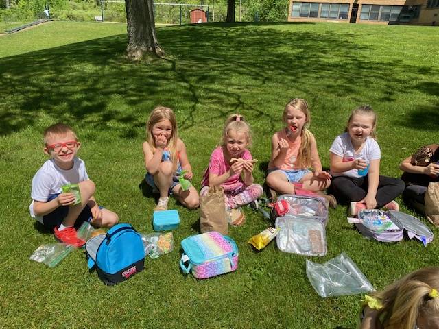 students sitting on grass eating lunch