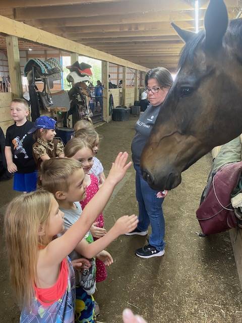 students petting a horse