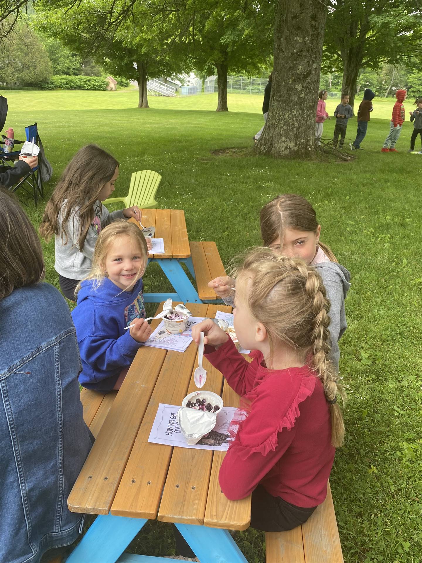 students at picnic tables eating yogurt.